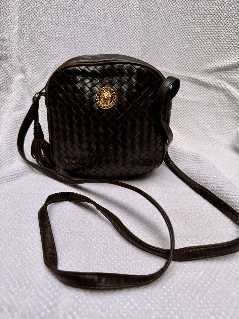 Vintage Italian Leather Woven Crossbody Bag Umberto Firenze Brown